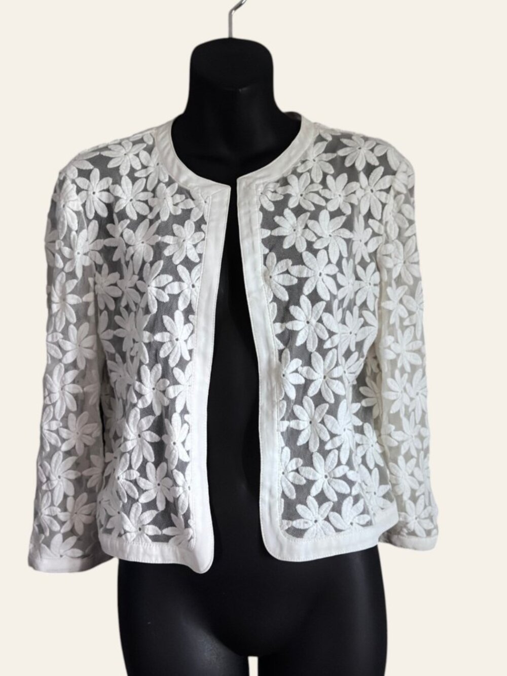 Vintage White Floral Lace Mesh Cropped Cardigan Shrug Cottagecore Coquette S